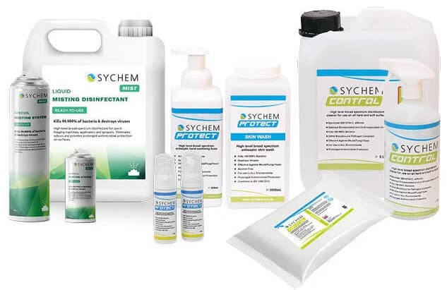 An image of our chemicals range in varying sizes, including Sychem Mist, Sychem Protect and Sychem Control to provide good hygiene and disrupt transmission pathways.